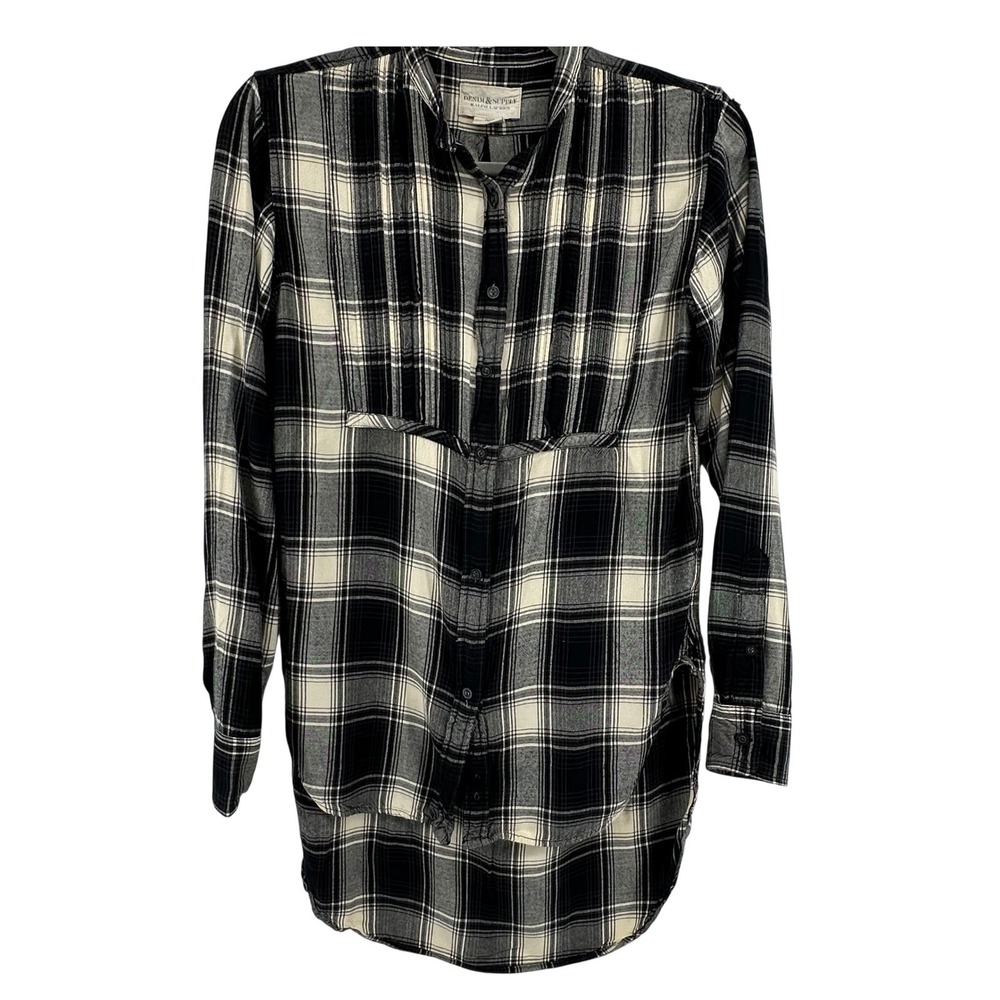 Denim Supply Ralph Lauren Plaid Flannel Shirt Womens S Black Cream Pleated Tunic